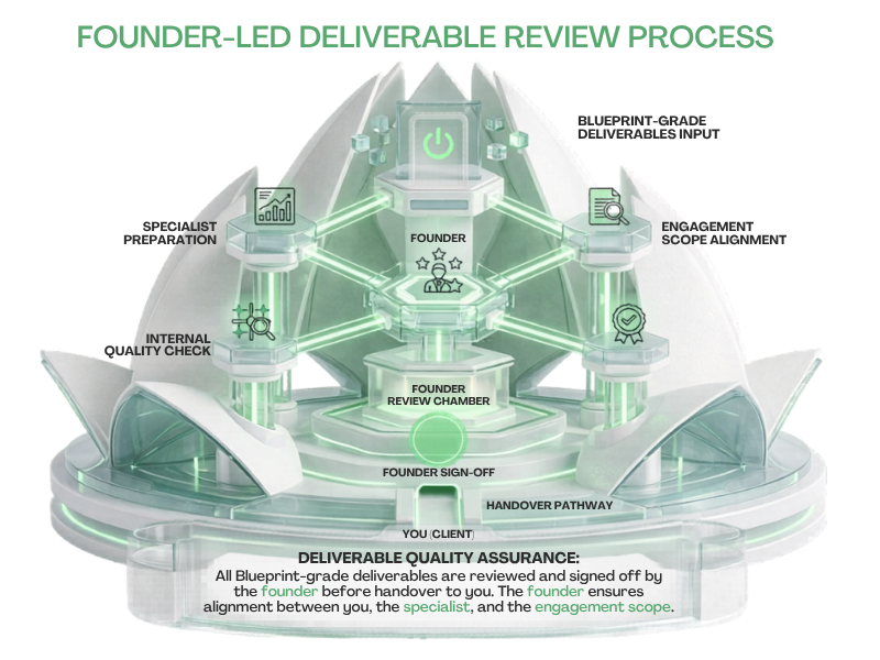 All Blueprint-grade deliverables are reviewed and signed off by the founder before handover to you.